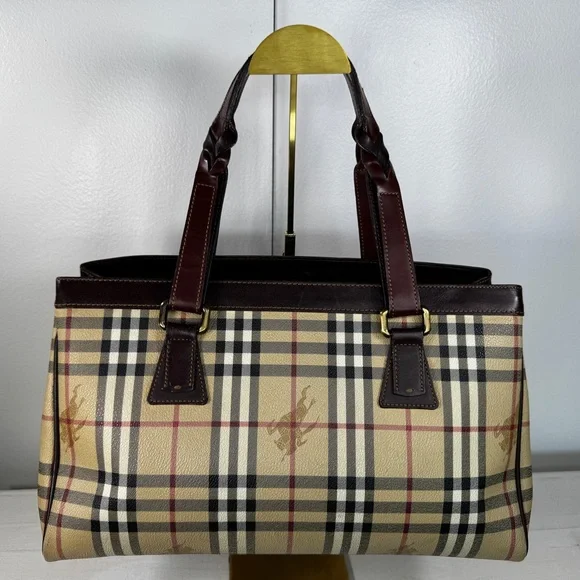 Burberry Nova Check Tote Bag Vintage House Check Canvas Leather Shoulder Bag - Picture 4 of 15